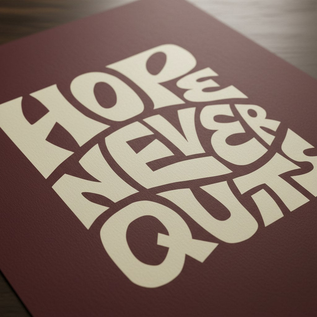 Bordo Hope Never Quits posterinin mat kağıt yüzeyinde yakın çekim harf detayı