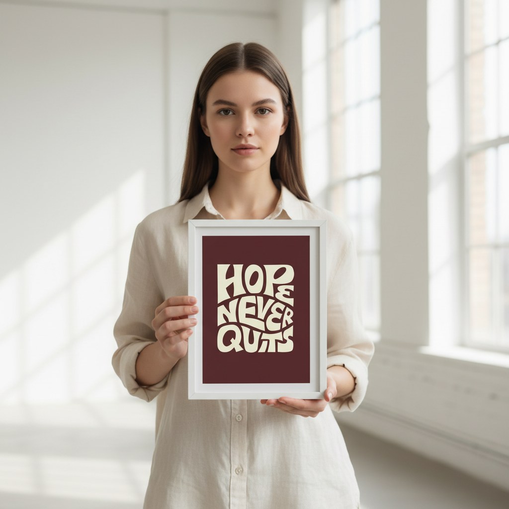 Hope Never Quits retro posteri beyaz çerçeveli, elde tutularak boyut karşılaştırması