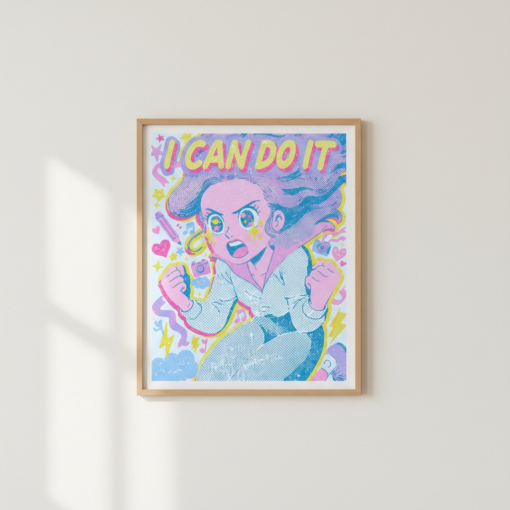 I Can Do It yazılı retro anime motivasyon posteri, beyaz duvarda doğal ahşap çerçeveli