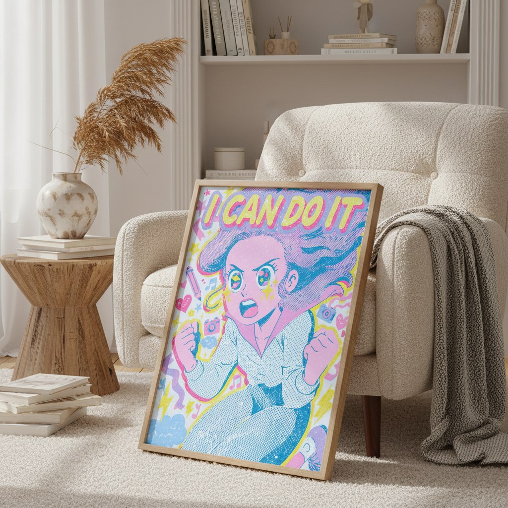 Pastel anime posteri, berjer yanında ahşap çerçeveli çalışma köşesi dekorasyonu