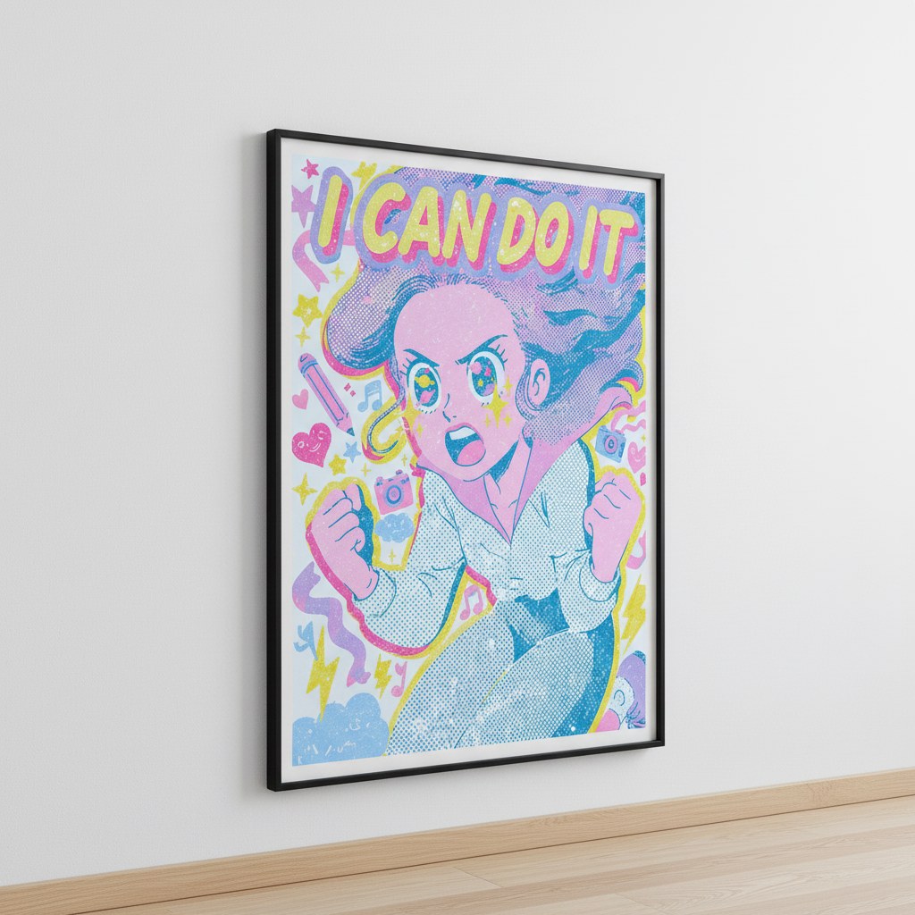I Can Do It posteri, siyah çerçeveli olarak duvara yaslanmış modern dekorasyon