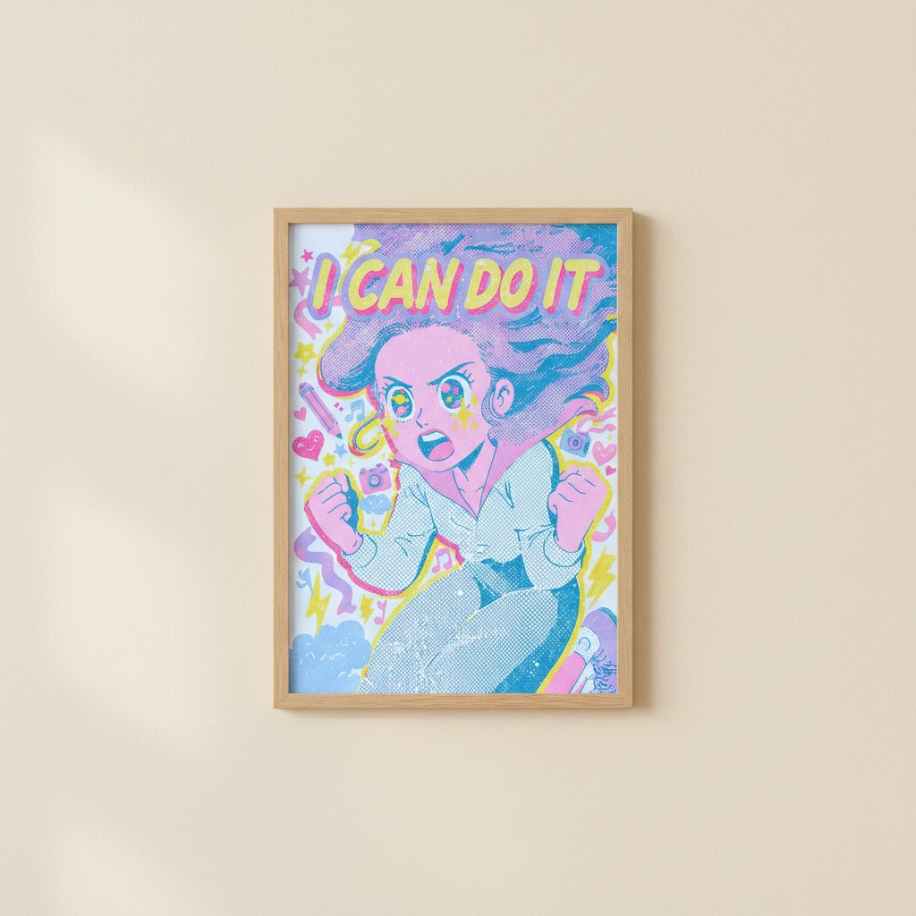 Pastel renkli anime posteri, bej duvarda ahşap çerçeveli genç odası dekorasyonu