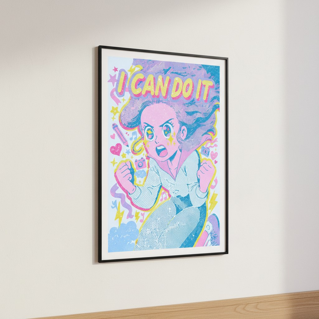 Retro anime motivasyon posteri, beyaz duvarda siyah çerçeveli yandan görünüm