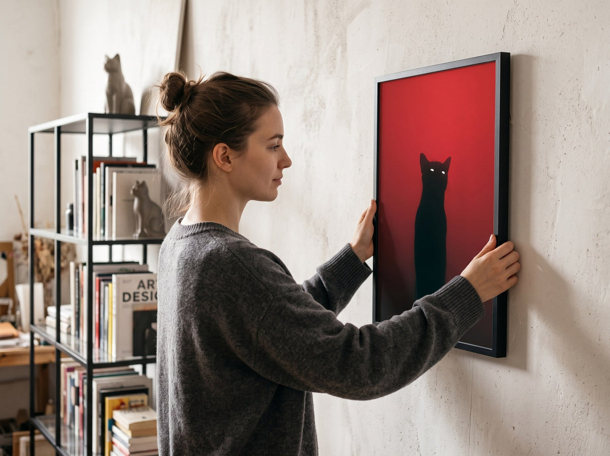 Siyah çerçeveli kedi posteri duvara asılırken, poster boyutunu gösteren ölçek görünümü