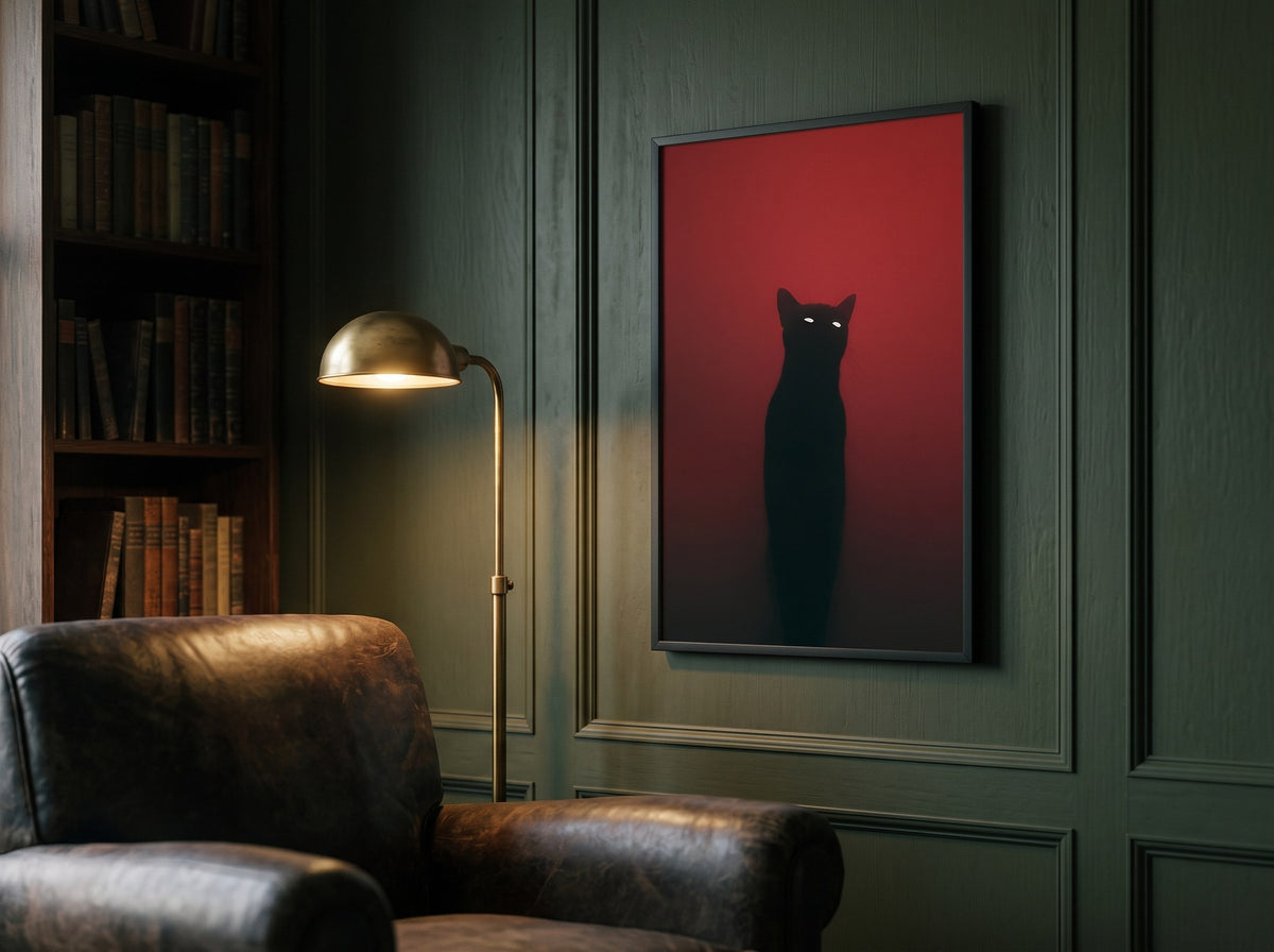 Gotik siyah kedi posteri, kütüphaneli çalışma odasında deri koltuk ve lambader eşliğinde siyah çerçeveli
