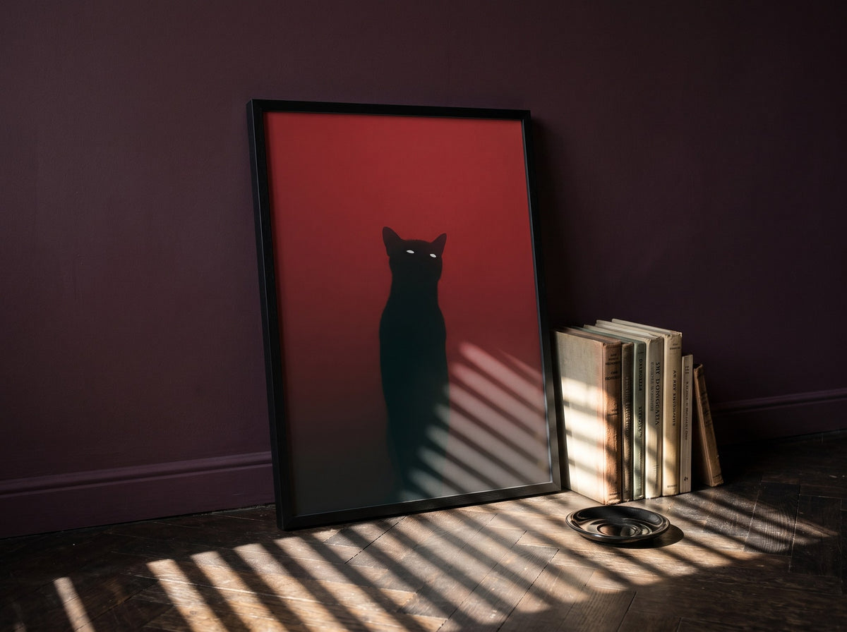 Siyah kedi silueti posteri, mürdüm rengi duvara yaslanmış siyah çerçeveli, panjur gölgeleri ve kitaplarla