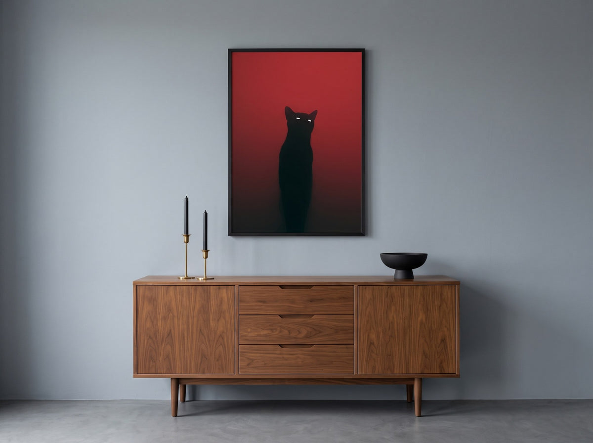 Kırmızı fonlu siyah kedi silueti posteri, ceviz büfenin üzerinde mavi-gri duvarda siyah çerçeveli