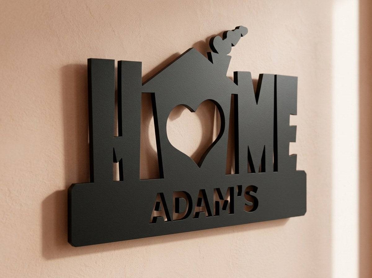 İsimli HOME duvar dekoru, terrakota duvarda yandan çekimle ahşap kalınlığı görünürken