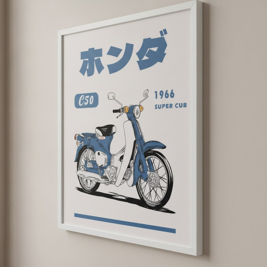 1966 klasik motosiklet posteri, açık duvarda beyaz çerçeveli açılı görünüm
