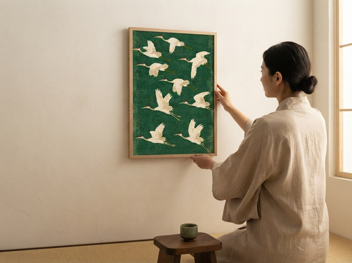 Japon turnaları posteri duvara asılırken, insan boyuna göre ölçek karşılaştırması
