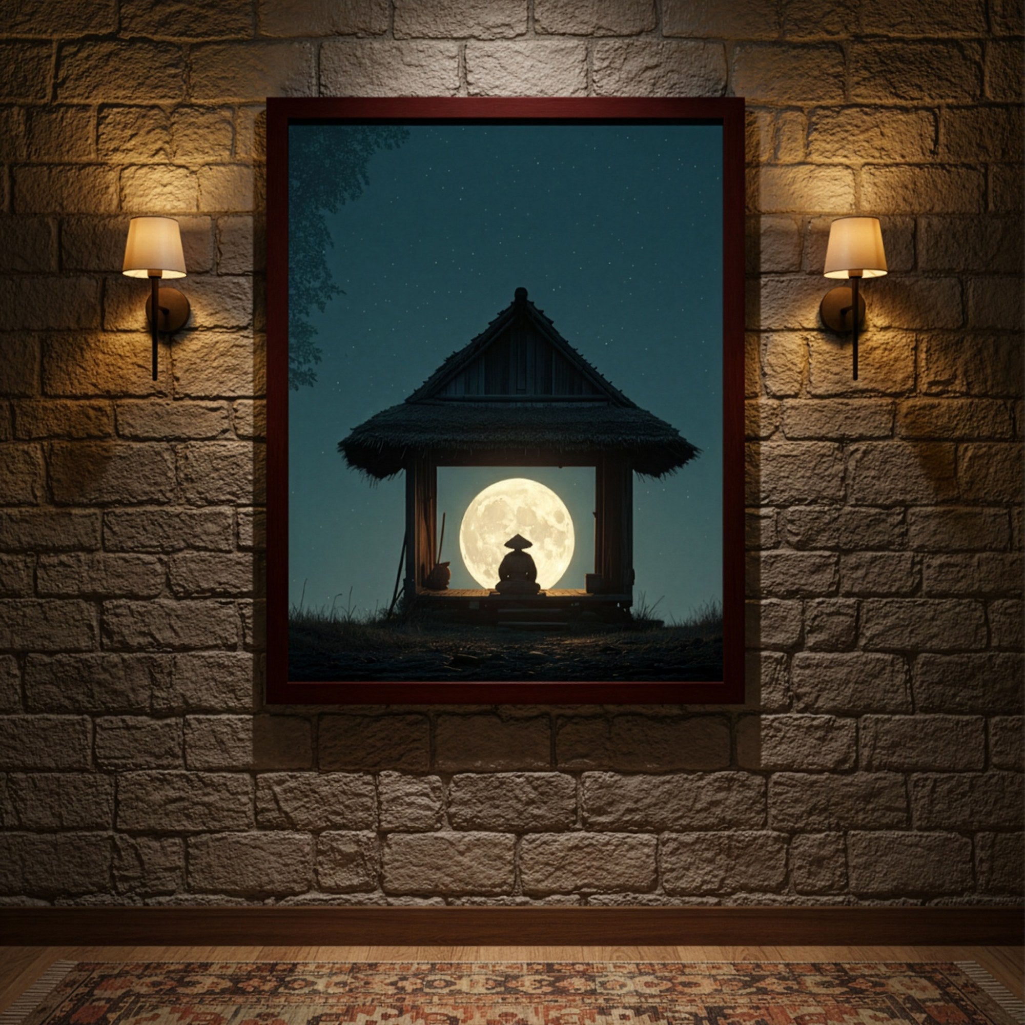 Dolunay altında meditasyon posteri, taş duvarda aplik ışığıyla çerçeveli