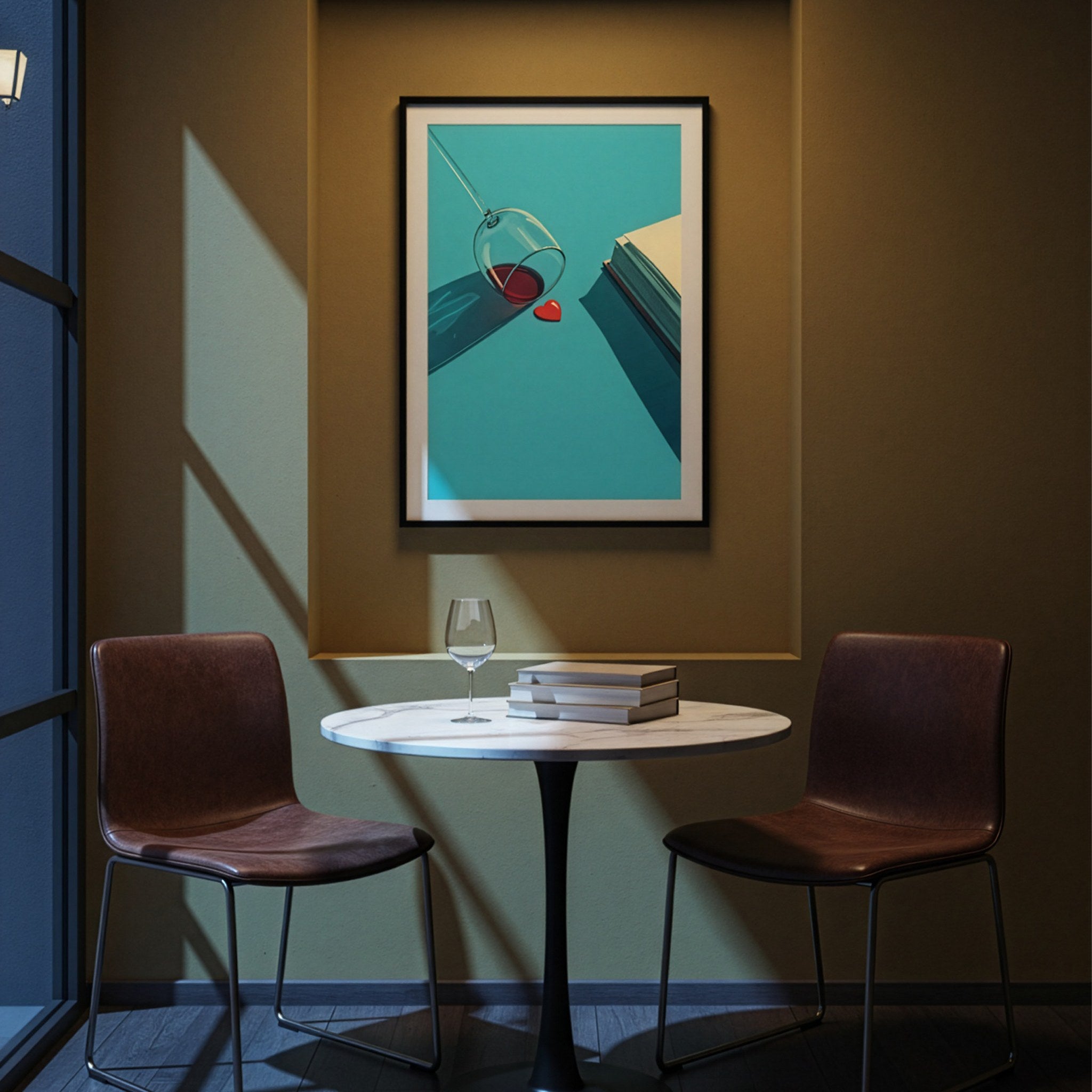Kadeh ve kalp temalı minimalist poster, yemek masasının üzerinde siyah çerçeveli duvar dekorasyonu
