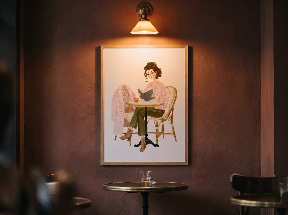 Suluboya kafe posteri, akşam aplik ışığında kahverengi duvarda bistro masasının üzerinde ahşap çerçeveli