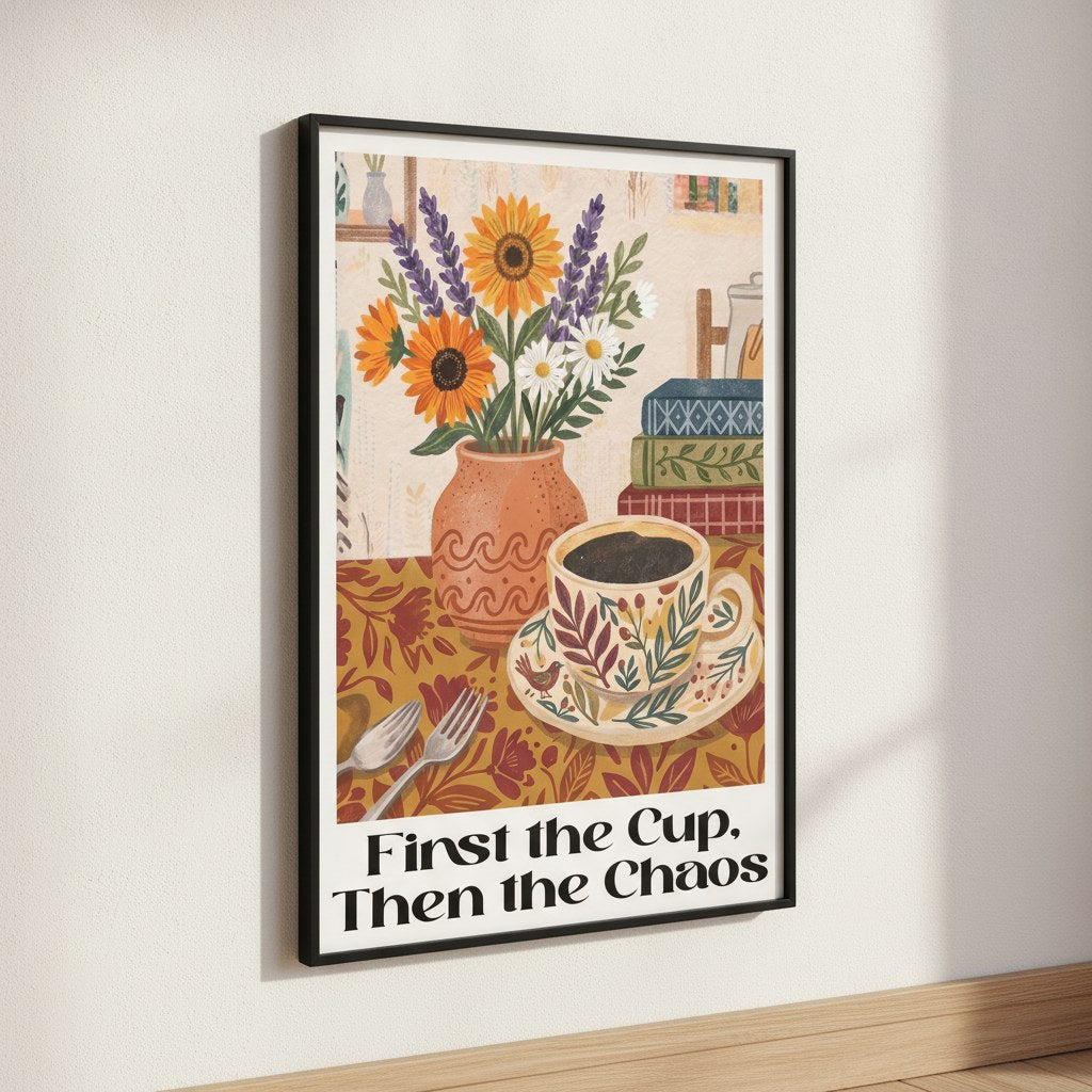 Kahve fincanı ve çiçek temalı folk art poster, beyaz duvarda siyah çerçeveli