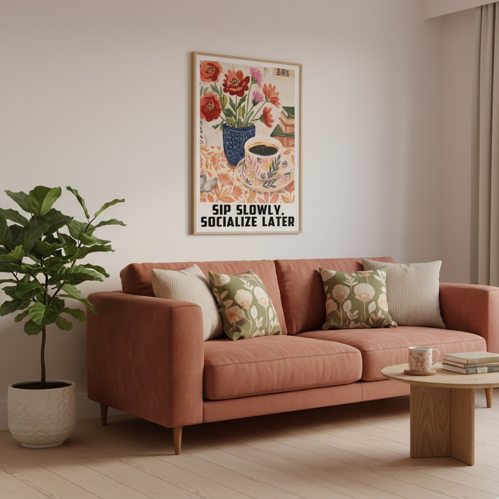 Kahve ve gelincik posteri, salonda kiremit rengi kanepenin üzerinde ahşap çerçeveli