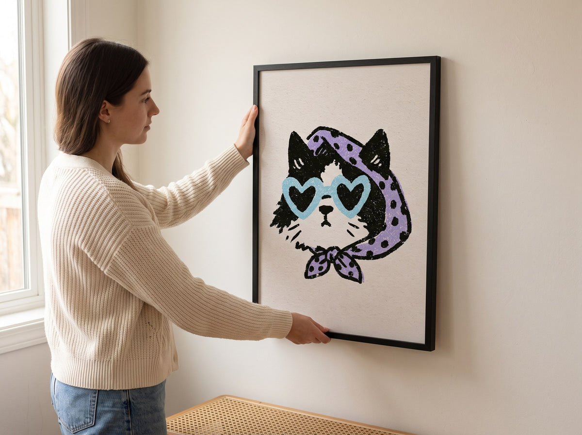 Kalp gözlüklü kedi posterini duvara asan kadın, siyah çerçeveli poster ölçü karşılaştırması