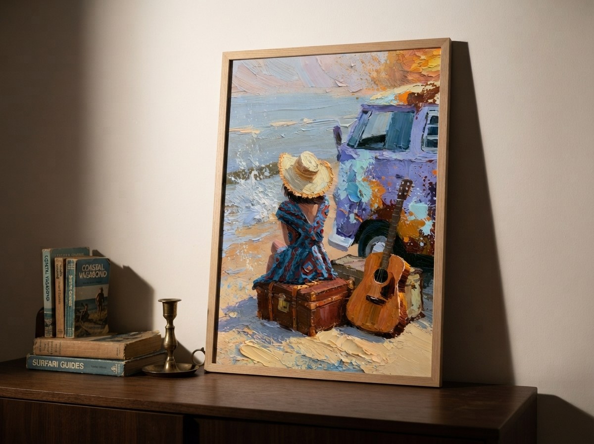 Karavan ve gitar posteri, ahşap konsol üzerinde kitaplarla birlikte çerçeveli