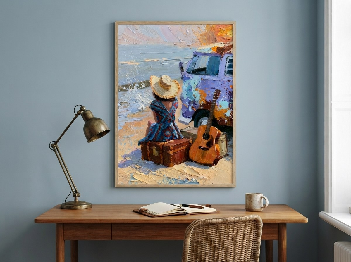 Karavan ve gitar posteri, çalışma masasının üzerinde mavi duvarda ahşap çerçeveli
