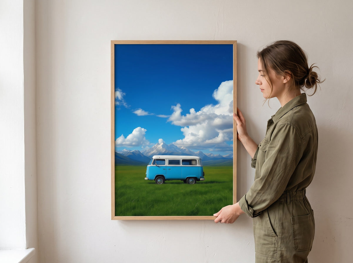 Karlı dağlar ve karavan posteri duvara asılırken, ahşap çerçeveli posterin ölçü karşılaştırması