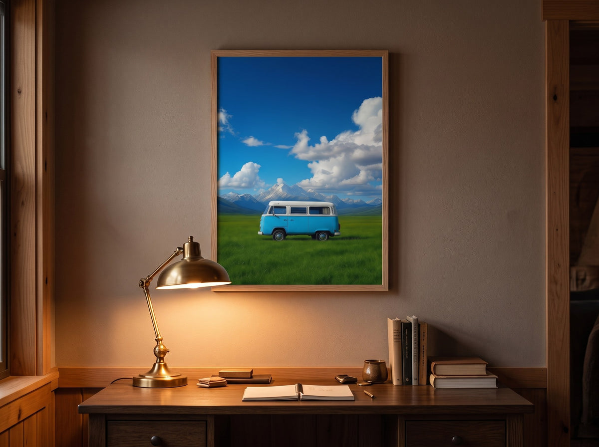 Retro karavan dağ posteri, akşam masa lambası ışığında çalışma masasının üzerinde ahşap çerçeveli