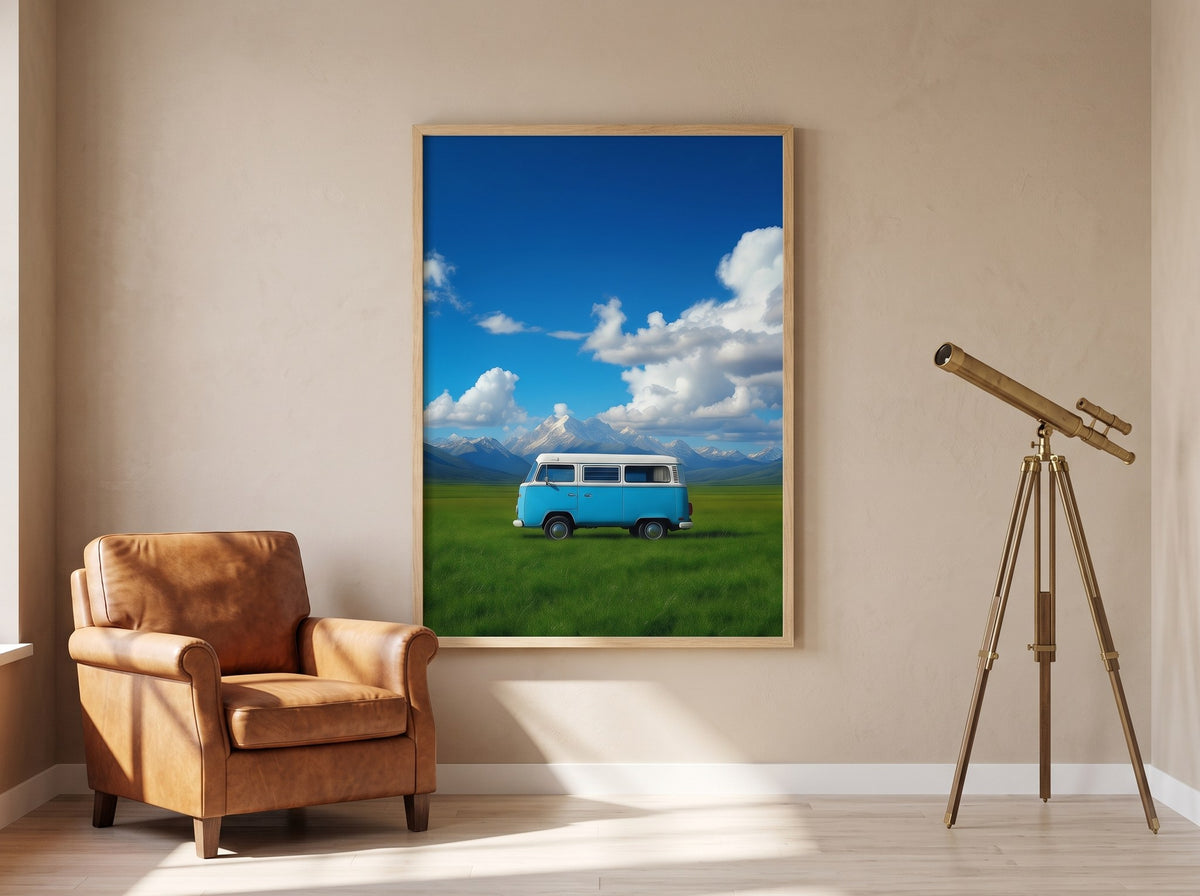 Yeşil çayırda retro karavan posteri, salonda deri koltuk ve teleskop eşliğinde ahşap çerçeveli