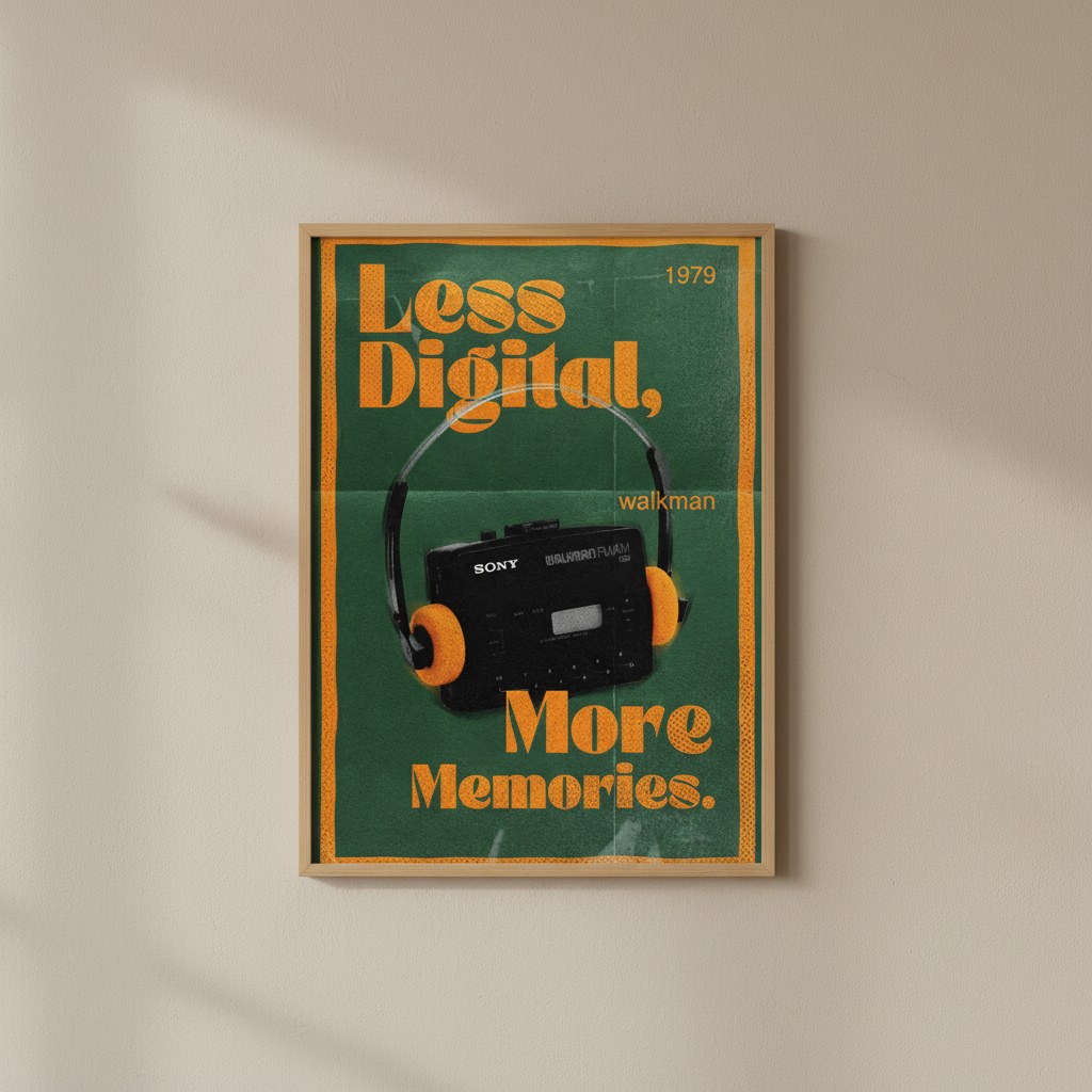Nostaljik kasetçalar posteri, krem duvarda doğal ahşap çerçeveli