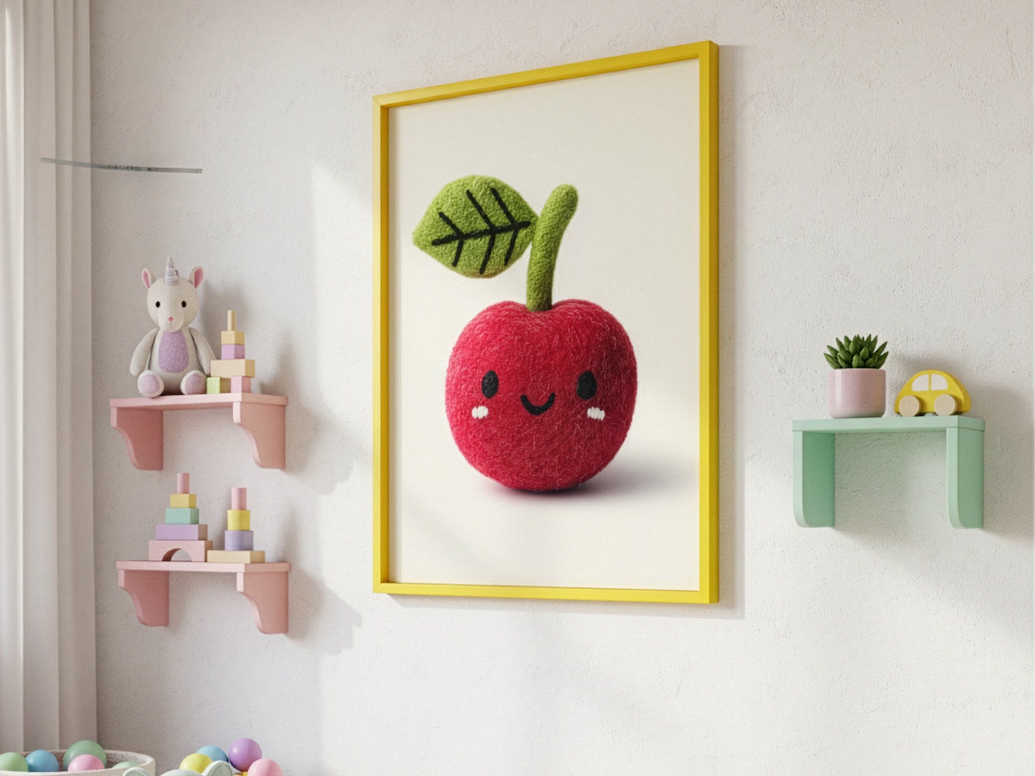Keçe elma posteri, pastel raflı çocuk odasında sarı çerçeveli duvar dekoru