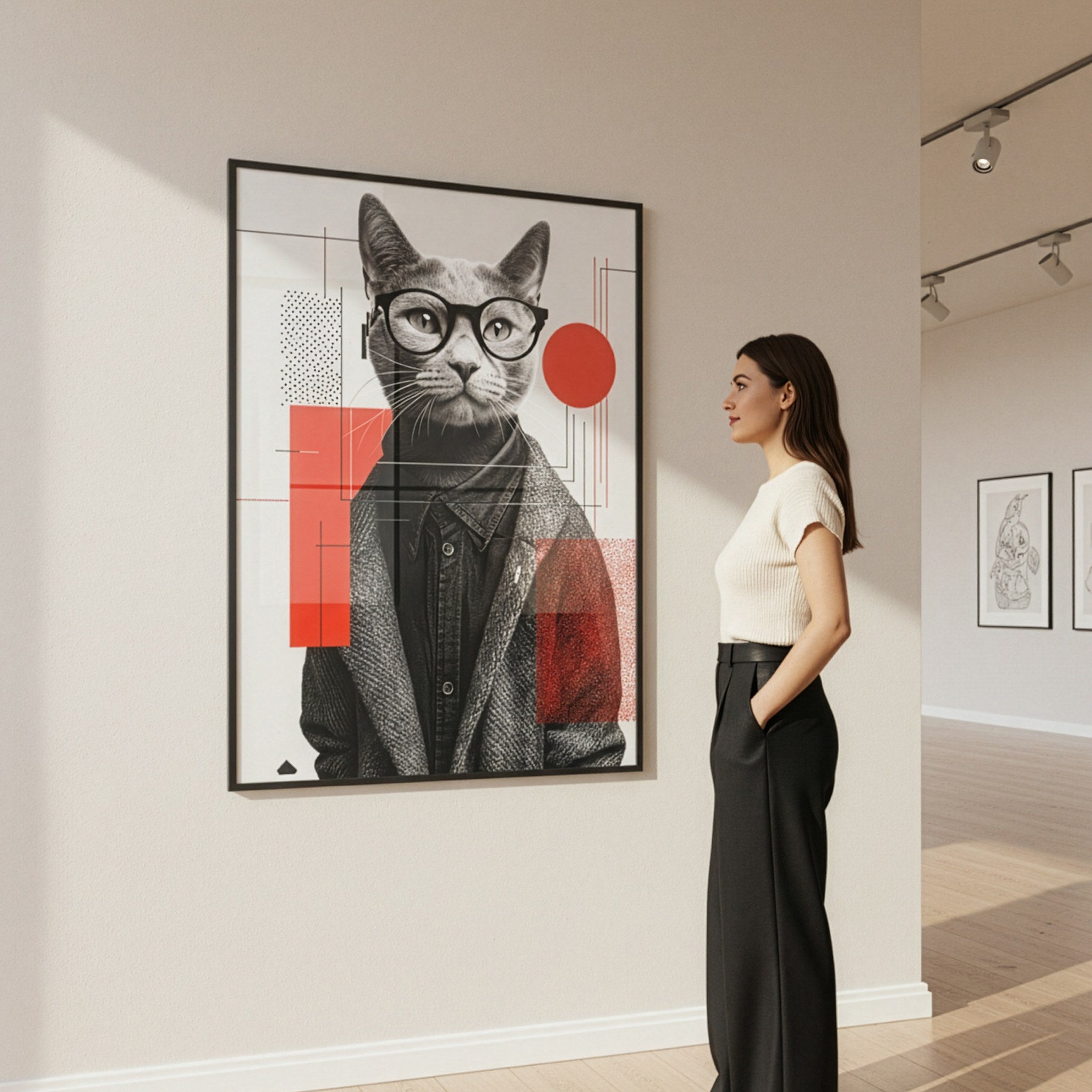 Kedi portresi posteri galeri duvarında siyah çerçeveli; yanındaki kişi ölçeği gösteriyor