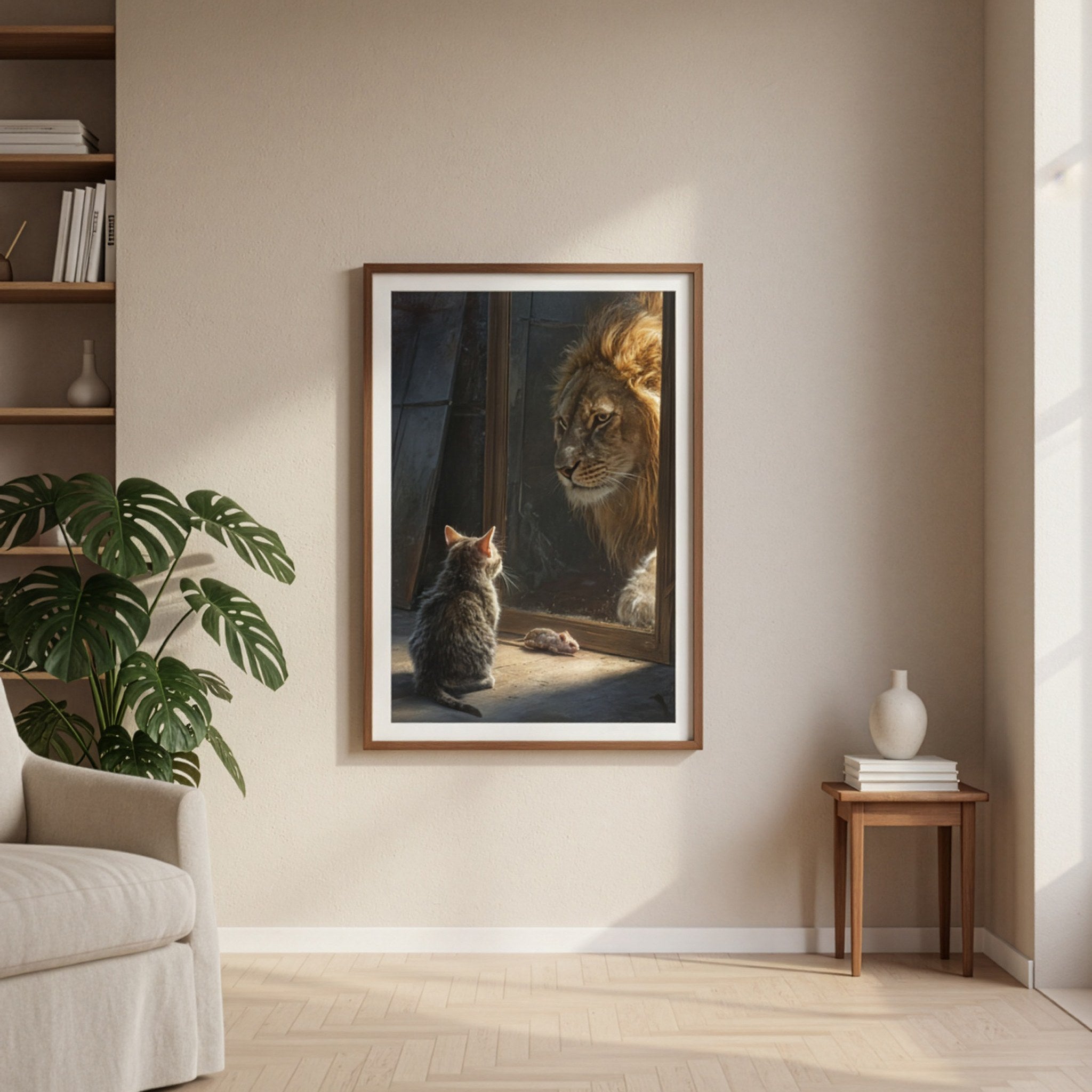 Kedi ve aslan posteri, salon köşesinde bitki ve sehpanın yanında ahşap çerçeveli