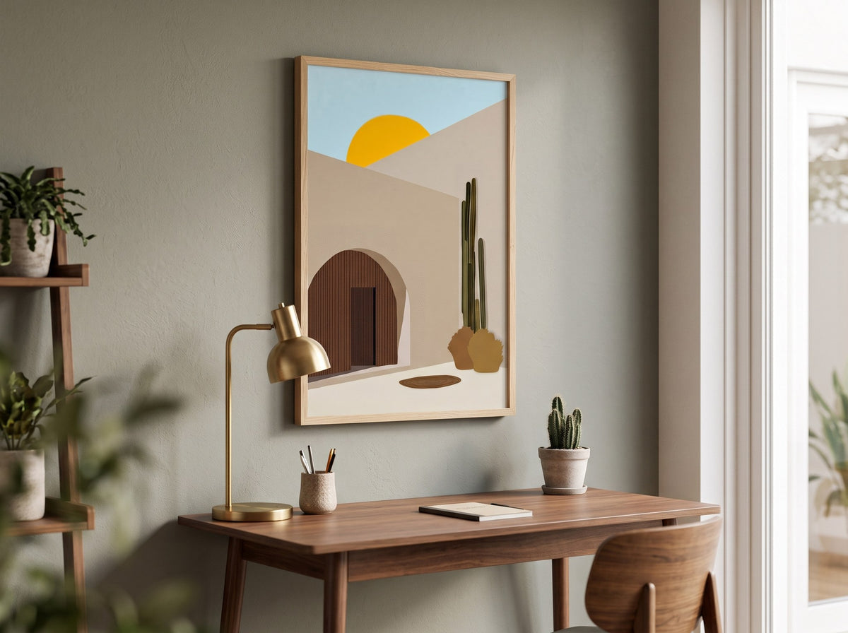 Minimalist bohem çöl posteri, çalışma masasının üzerinde adaçayı yeşili duvarda