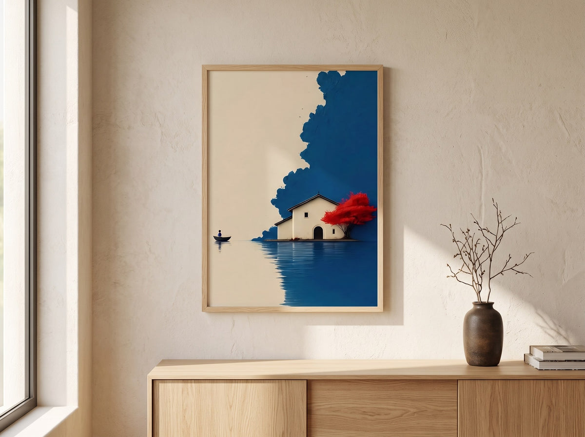 Japon minimalist göl manzarası posteri, salonda pencere kenarındaki ahşap konsolda ahşap çerçeveli