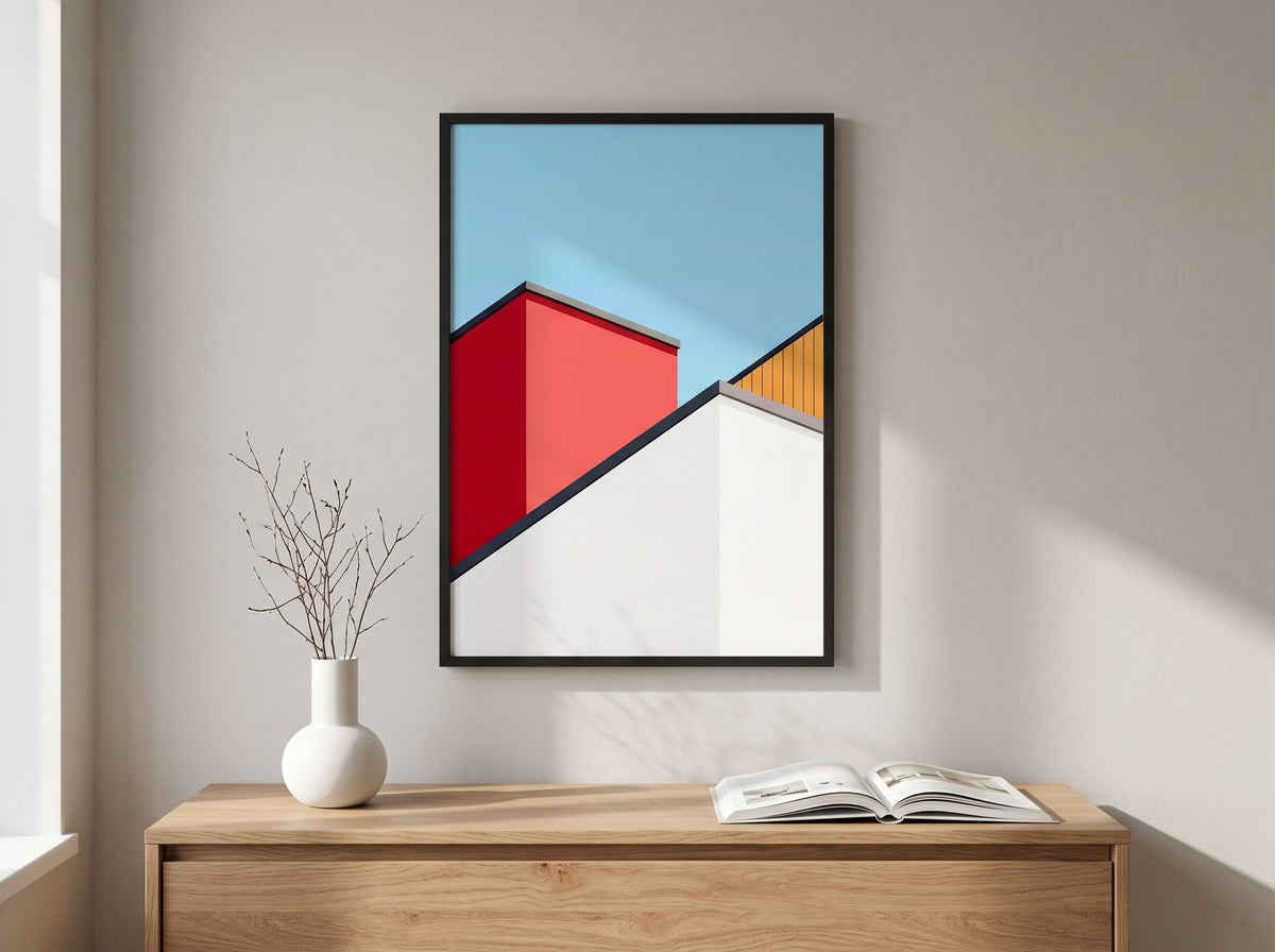 Geometrik mimari poster, gün ışığı alan salonda ahşap konsolun üzerinde siyah çerçeveli