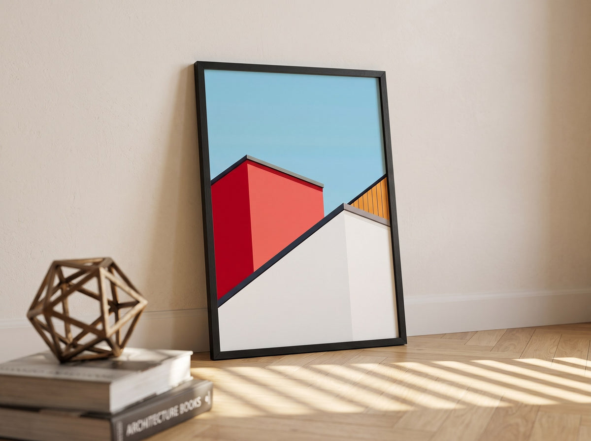 Geometrik çatı kompozisyonlu poster, balıksırtı parkede duvara yaslanmış siyah çerçeveli