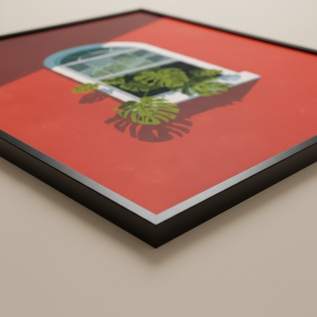 Monstera pencere posterinin açılı yakın çekimi, siyah çerçeve ve mat kağıt detayı