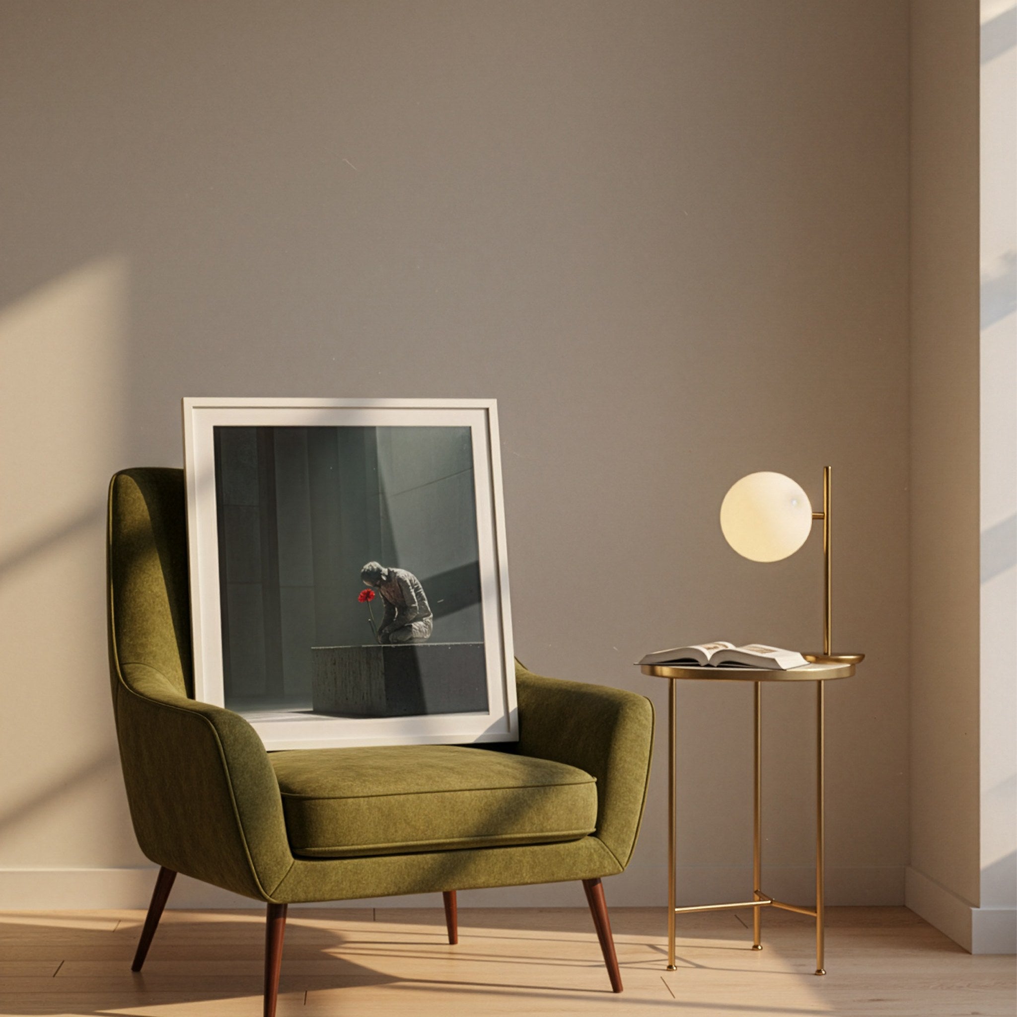 Brütalist heykel posteri, salonda yeşil koltuğun arkasında beyaz çerçeveli