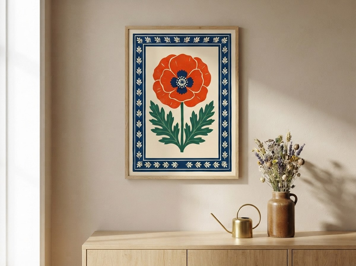 Kırmızı gelincik çiçeği folk art posteri, krem duvarda doğal ahşap çerçeveli