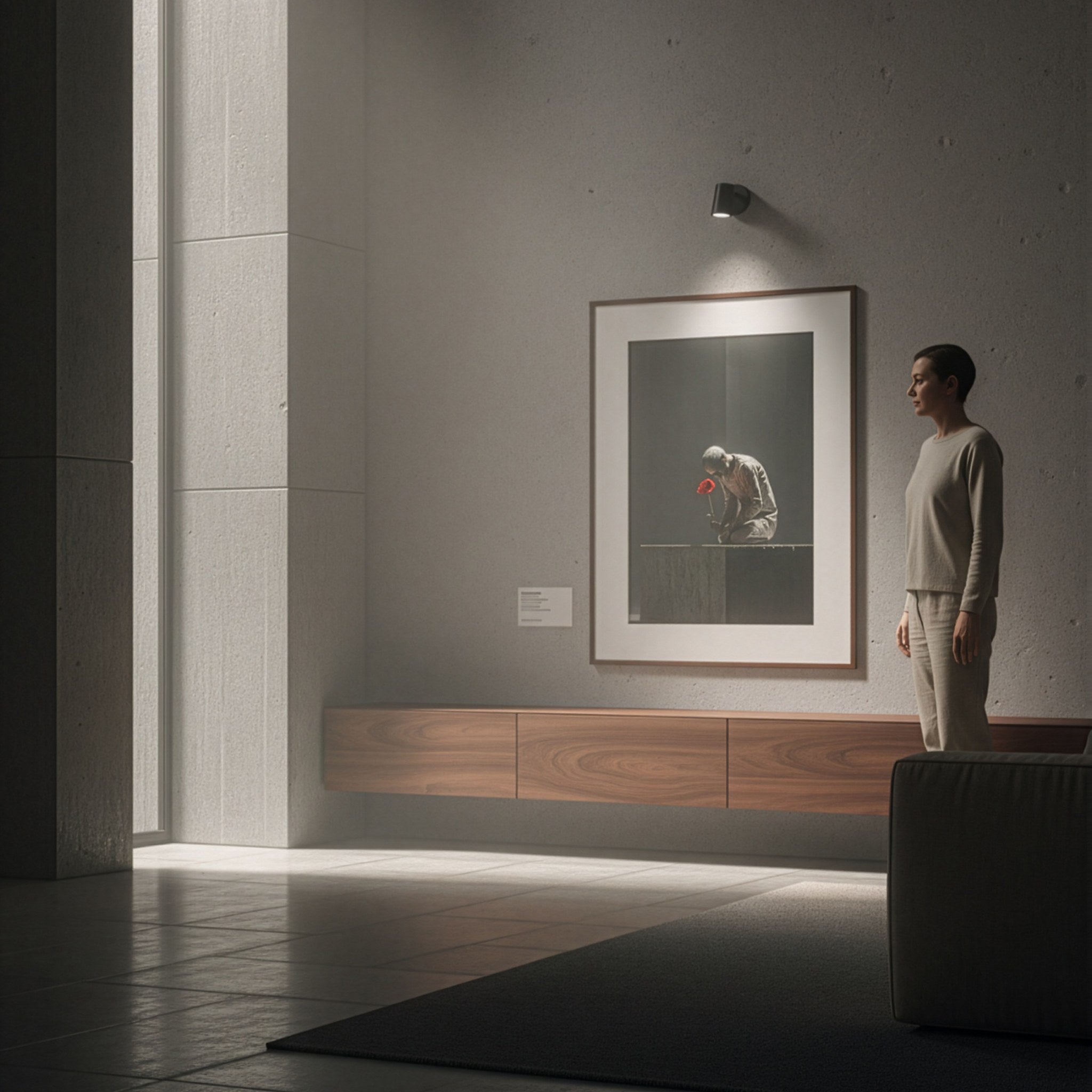 Brütalist heykel posteri galeri duvarında, yanında duran kişiyle ölçek karşılaştırması