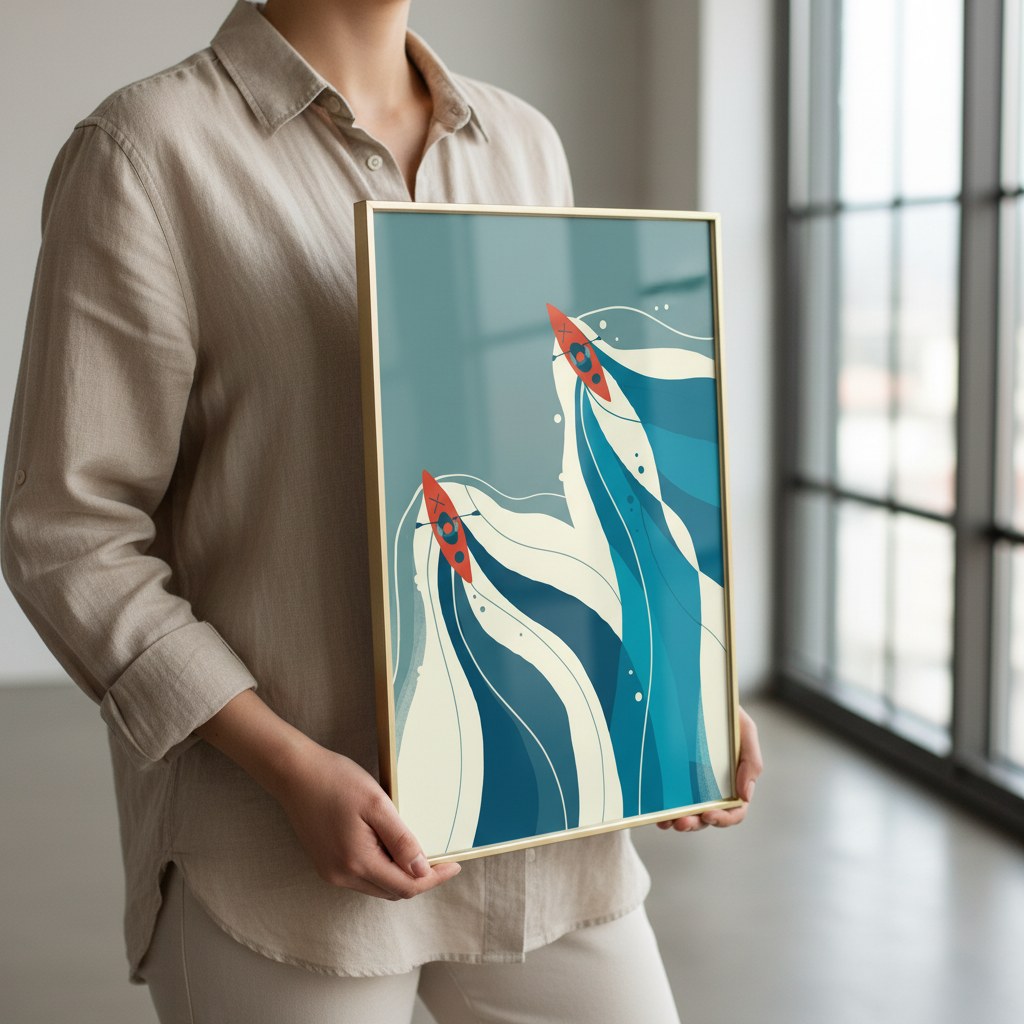 Çerçeveli kano posterini pencere önünde tutan kişi, poster ölçüsünü gösteren görünüm