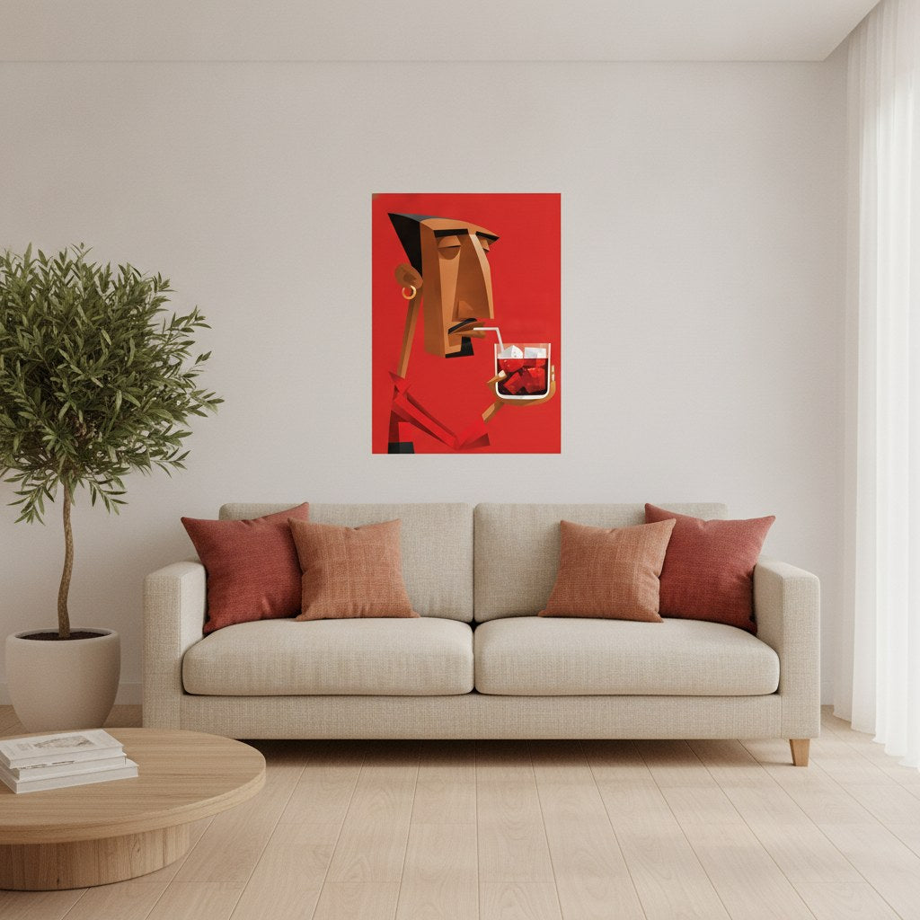 Kübist portre posteri, salon duvarında çerçeveli, kiremit rengi yastıklı kanepenin üzerinde