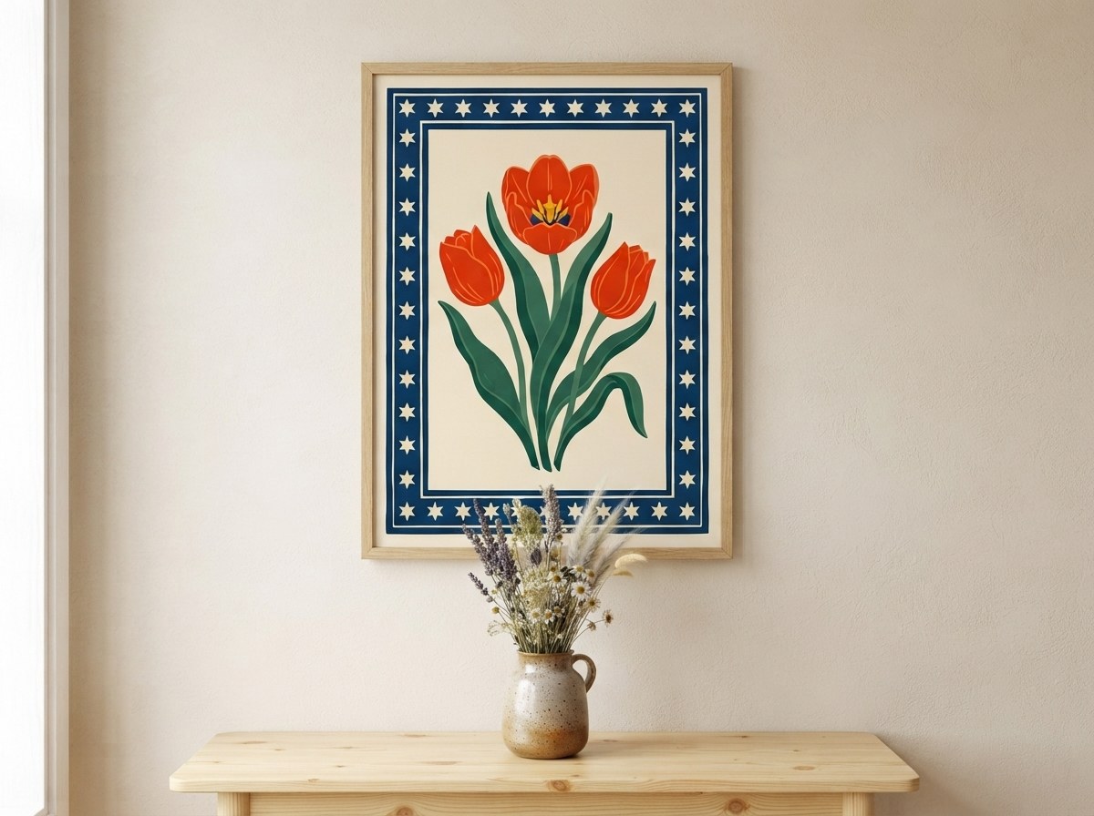 Kırmızı lale folk art posteri, krem duvarda çam konsolun üzerinde ahşap çerçeveli