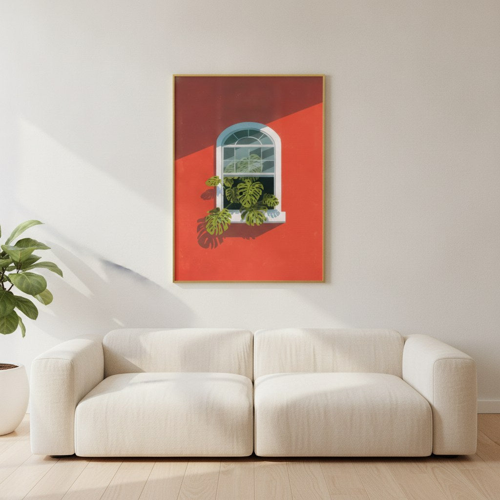 Monstera pencere posteri, salonda krem kanepenin üstünde ahşap çerçeveli