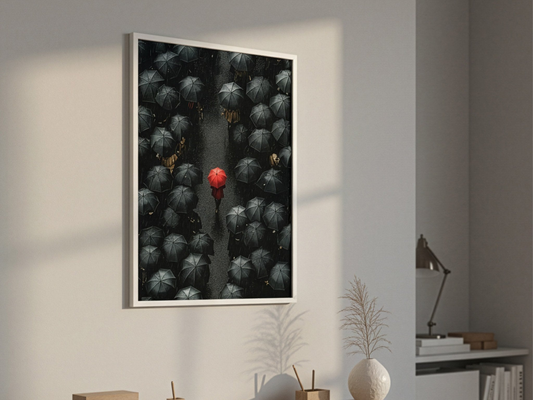 Kırmızı şemsiye temalı poster, çalışma masasının üzerindeki duvarda beyaz çerçeveli