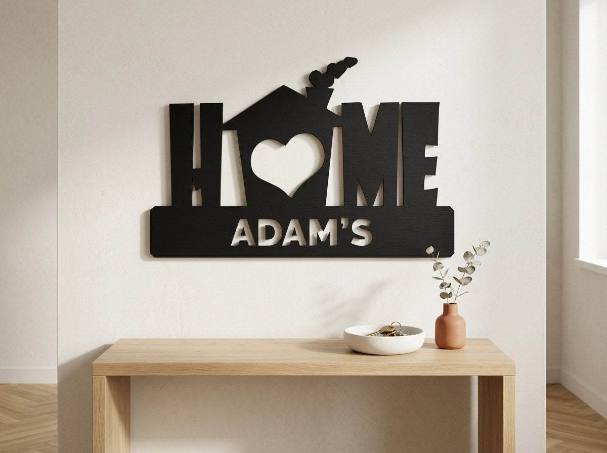 Kişiye özel HOME duvar dekoru, antrede meşe konsol üzerinde anahtarlık kâsesi yanında