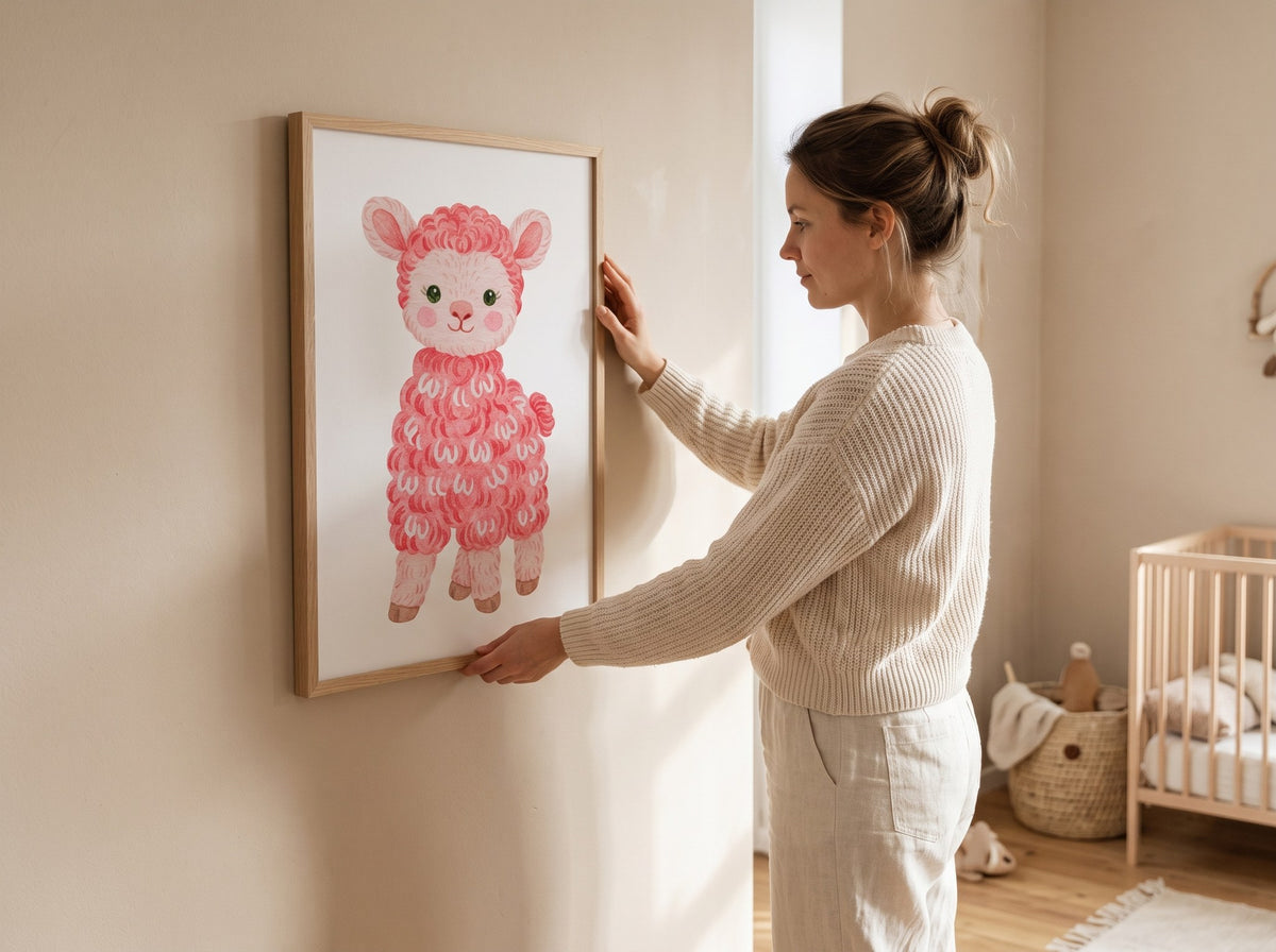 Pembe kuzu posteri bebek odasında bir kadın tarafından asılırken, ahşap çerçeveli poster ölçü karşılaştırması