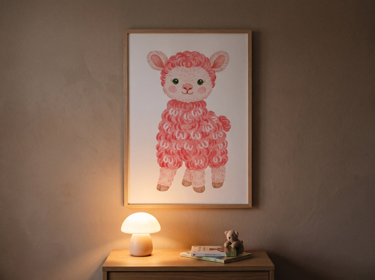 Pembe kuzu posteri, mantar gece lambası ve oyuncak ayılı komodinin üzerinde ahşap çerçeveli