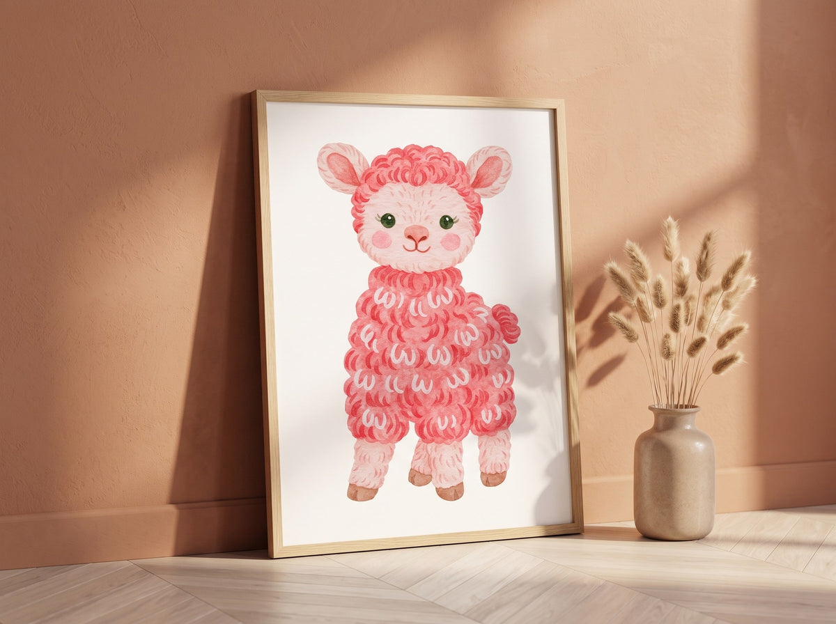 Pembe kuzu çizimli poster, terrakota duvar önünde yere yaslanmış ahşap çerçeveli, pampas otlarıyla