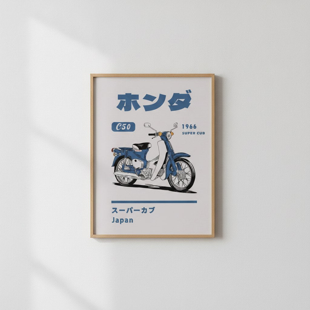 Klasik Japon motosikleti retro afiş posteri, beyaz duvarda doğal ahşap çerçeveli