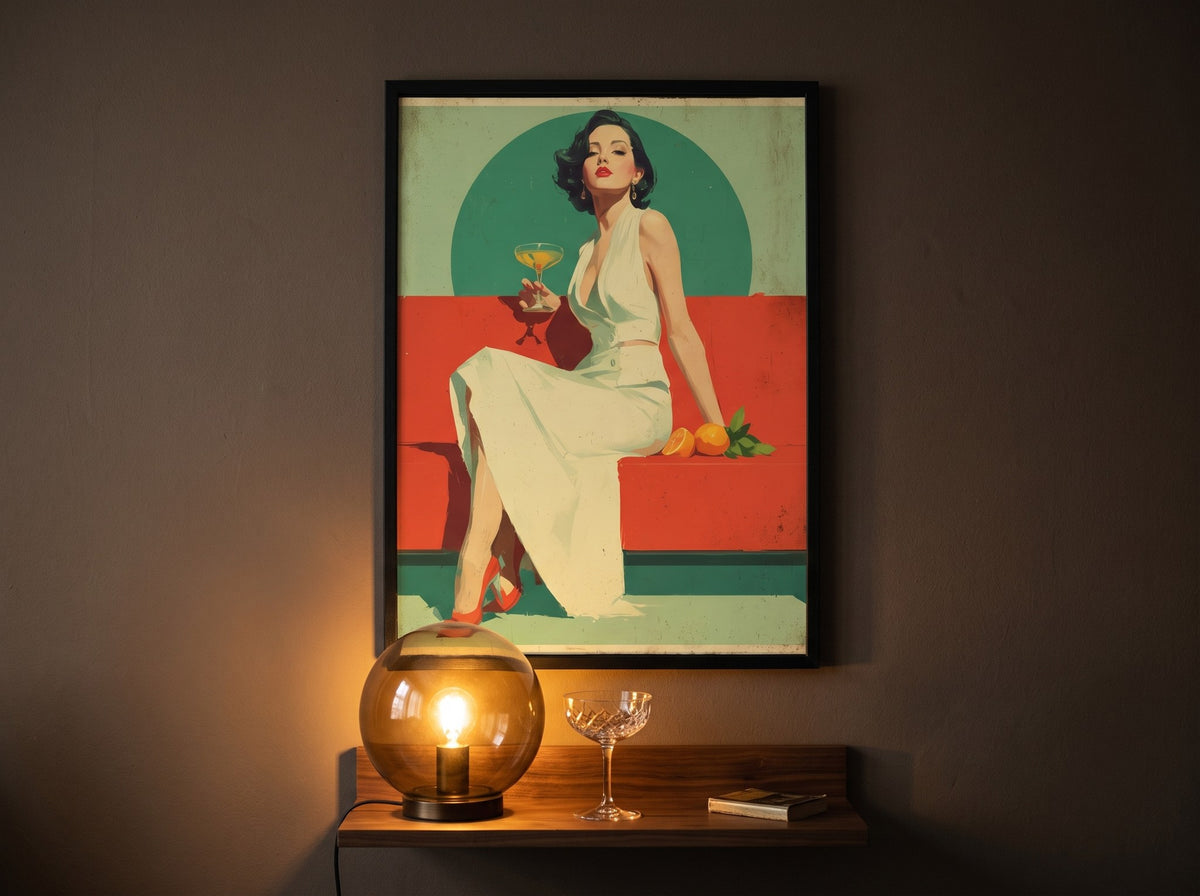 Vintage kokteyl posteri, akşam ışığında glob lamba ve kristal kadehle rafın üzerinde siyah çerçeveli