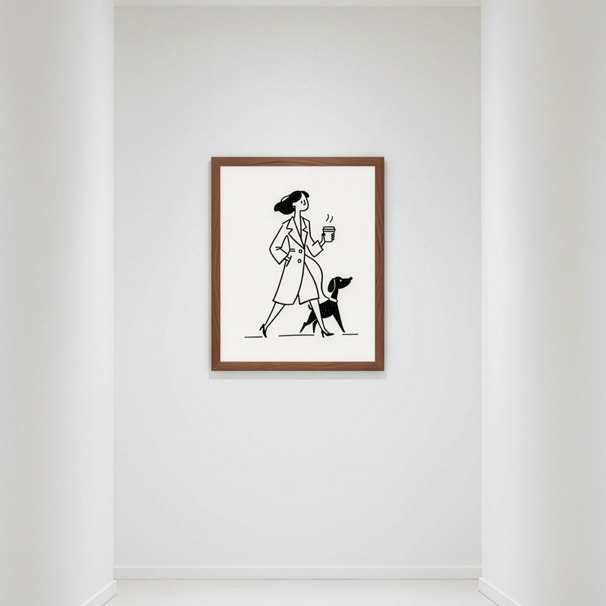 Minimalist çizgi poster, koyu ahşap çerçevede beyaz niş duvarda
