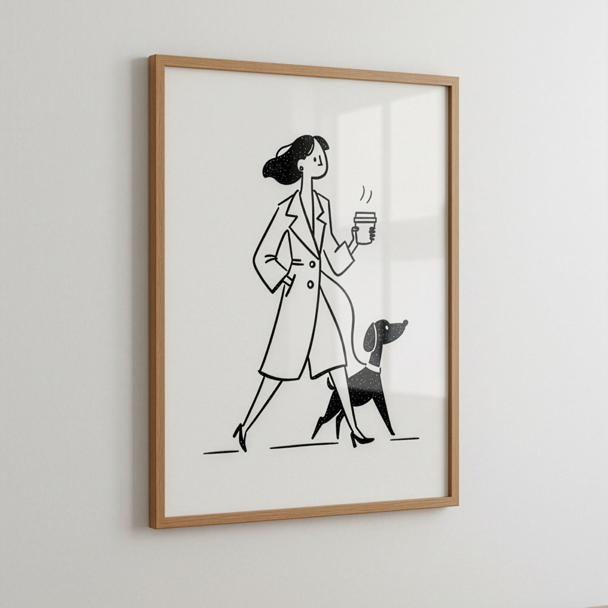 Köpeğini gezdiren kadın çizgi posteri, beyaz duvarda doğal ahşap çerçeveli